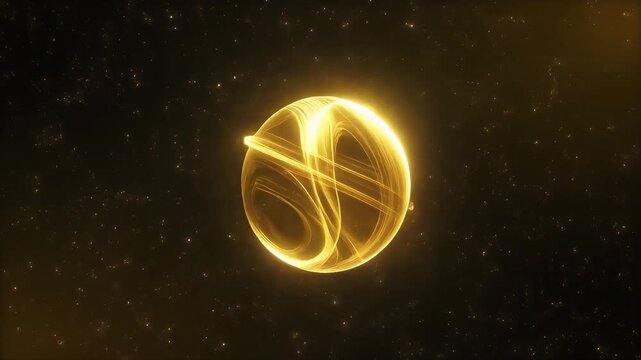 Floating golden sphere with swirling light aura in a dark star-like space, creating an emotional cinematic scene symbolizing hope, core energy, value, and inner light.