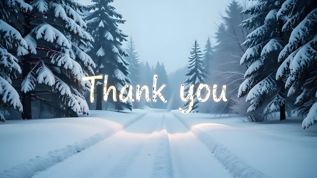 Snowy road with pine trees and thank you message on a winter landscape scene
