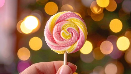 a hand holding a rainbow colored lollipop against a backdrop of cotton candy clouds, in honor of National Lollipop Day 