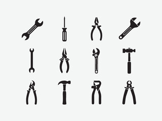 Set of black silhouette icons of hand tools, Collection of silhouetted hand tools including wrenches screwdrivers pliers hammers and saws vector illustration