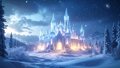 Naklejka premium A breathtaking, illuminated ice castle amidst a snowy landscape under a starry sky