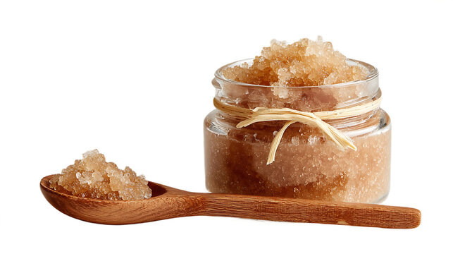 Natural sugar body scrub in a glass jar with wooden spoon skincare product for spa and beauty isolated on white background.
