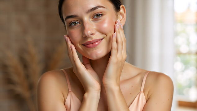 A smiling young woman with glowing skin touching her face. Natural beauty and skincare concept for health and wellness. Close-up portrait of a female model with a perfect clear complexion - Powered by Adobe