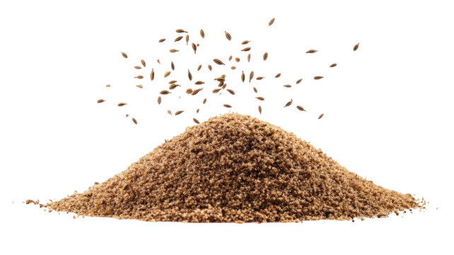 Set ground cumin pile aromatic brown spice seasoning powder macro culinary ingredient isolated on white background