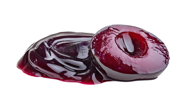 Plum jam rich purple fruit spread in glass jar with spoon sweet breakfast dessert isolated on white background