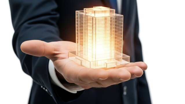 Real Estate Investment Concept Hand Holding Glowing Modern Building Model