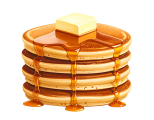 A tall stack of golden brown pancakes topped with melting butter and syrup