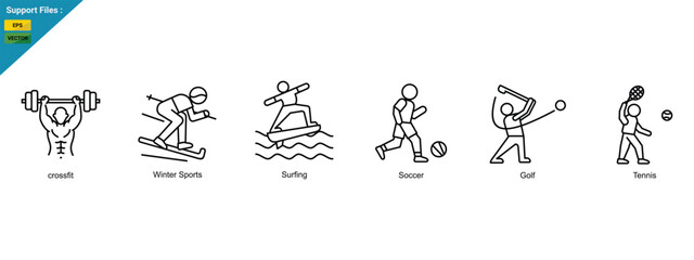 Obraz premium Sport Activities Line Icons Set. crossfit, Winter Sports, Surfing, Soccer, Golf and Tennis 