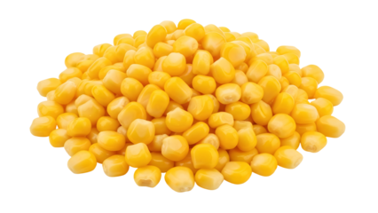 Pile of fresh yellow corn kernels and maize grain isolated, useful for healthy food, agriculture, and vegetable themes PNG