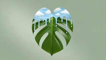 Green monstera leaf with heart-shaped reflection of blue sky and white clouds in soft focus for eco-friendly branding