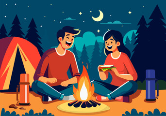 Illustration Couple Camping at Night Eating by Campfire