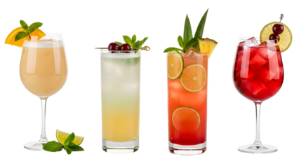 A selection of isolated, fresh, and cold drinks sweet orange juice, an alcoholic champagne beverage, and a red cherry cocktail PNG