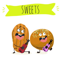Funny Characters lokma, tulumba. Turkish,  Eastern sweets. Hand drawn vector illustration.