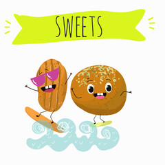 Funny Characters lokma, tulumba. Turkish,  Eastern sweets. Hand drawn vector illustration.