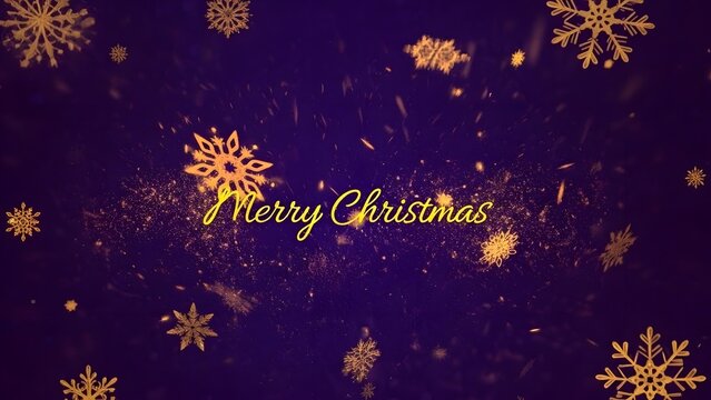 Festive merry christmas greeting with golden snowflakes on dark purple background for holiday celebrations and winter wonderland scenes - Powered by Adobe