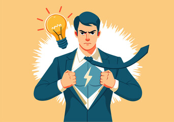 Illustration Businessman Revealing Superhero Power and Idea