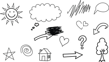 Collection of hand drawn cartoon symbols and icons