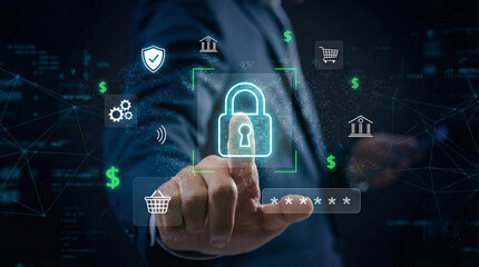 Secure online payment concept showing a businessman authenticating a digital credit card transaction, highlighting fintech innovation, financial security, encryption, and global ecommerce trends