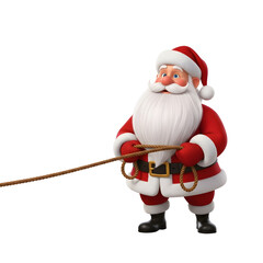 Santa Claus Pulling a Rope with a Determined Expression, Isolated on a White Background
