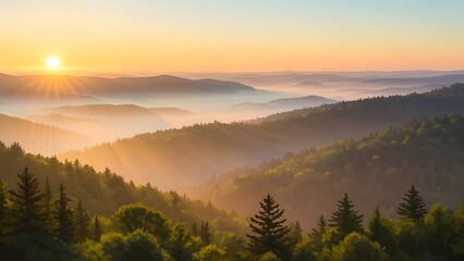 A serene mountain landscape at sunrise with foggy valleys and evergreen trees