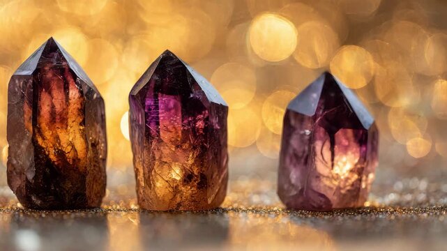 Three Amethyst Crystals in a Row On a Sparkling Surface with a Bokeh Background and Purple Hue