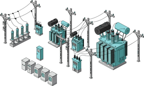 Isometric electrical power substation illustration showing transformers, utility poles, transmission lines, control cabinets, and modern energy distribution infrastructure