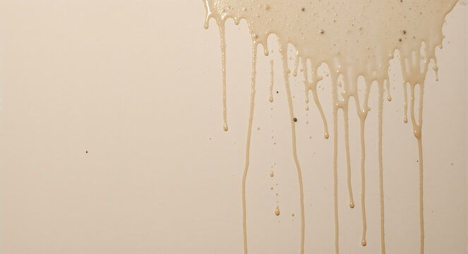 Beige liquid dripping down on a light background. Creamy paint or makeup foundation fluid texture. Copy space for text