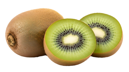 Fresh kiwi fruit isolated on PNG with a juicy green slice showing healthy, sweet, and ripe tropical goodness for a natural diet