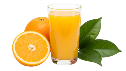 Fresh orange juice glass with citrus fruits isolated on white for a healthy breakfast drink