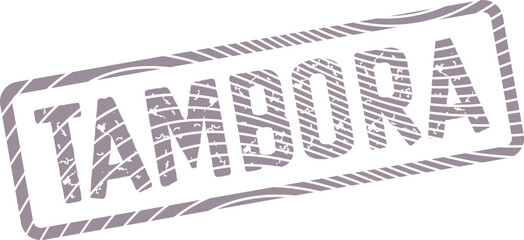 Distressed purple TAMBORA stamp with a weathered textured outline and rough vintage typography ©  Design_ mn