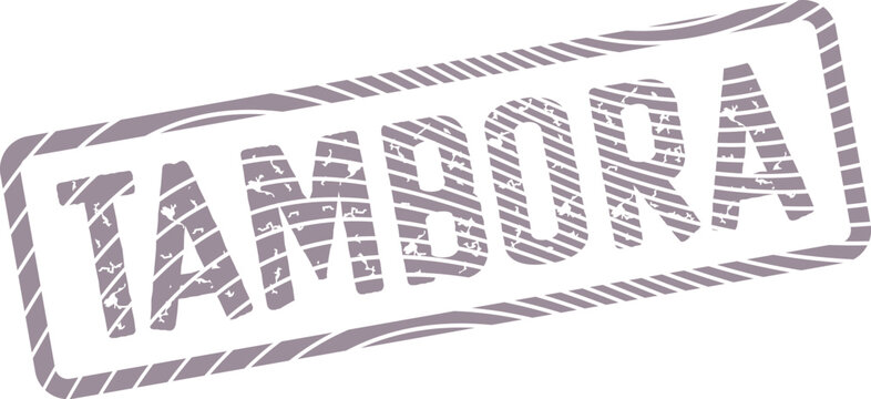Distressed purple TAMBORA stamp with a weathered textured outline and rough vintage typography