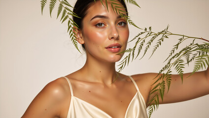 Young woman with glowing skin and green fern leaves. Natural beauty and organic skincare portrait