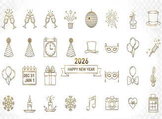 New year celebration golden line icon set