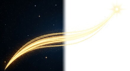 Sparkling Gold Light Streak Abstract Background: Elegant Glittering Comet or Star Trail Moving from Dark Starry Night to Bright White Space Design Element