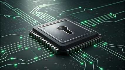 a dark background features a computer chip with a lock embedded within it surrounded by glowing green circuit patterns high-quality