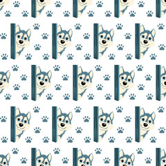 Cute husky dog seamless pattern with paws. © YULIYA