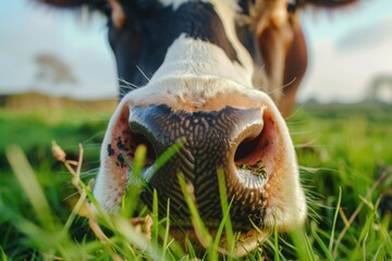 A dairy cow's nose sniffing the camera lens, wet snout texture