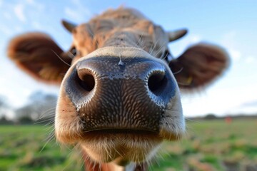 A dairy cow's nose sniffing the camera lens, wet snout texture