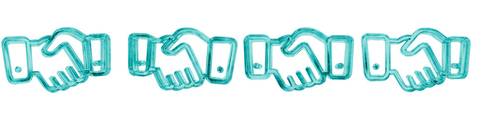 Set of four 3D partner handshake shapes in frosted blue ice glass style, isolated on a transparent background. Glassmorphism icons and 3D elements for modern graphic design.