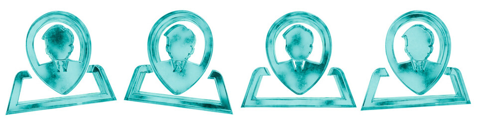 Set of four 3D placement shapes in frosted blue ice glass style, isolated on a transparent background. Glassmorphism icons and 3D elements for modern graphic design.