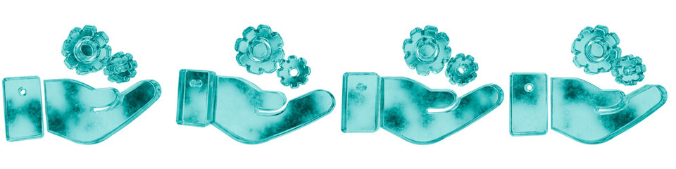 Set of four 3D process shapes in frosted blue ice glass style, isolated on a transparent background. Glassmorphism icons and 3D elements for modern graphic design.