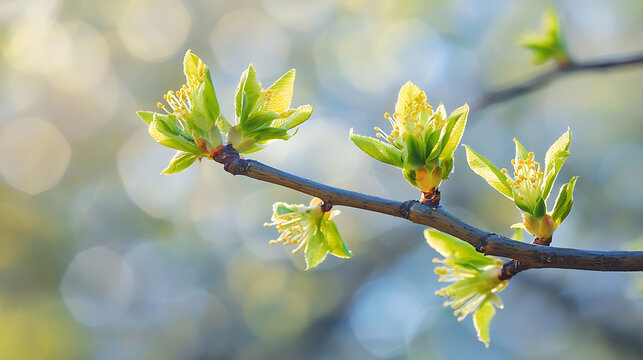 Close up of platanus tree branch with young green leaves in spring.