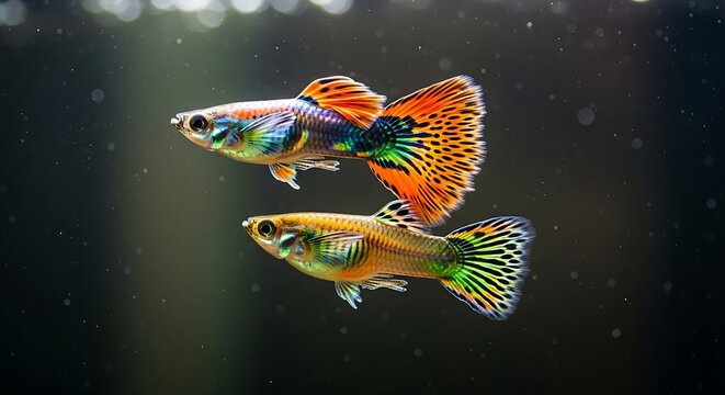 Stunning Macro Shot of Two Male Fancy Guppies Swimming in Freshwater Aquarium: Vibrant Tropical Fish with Brilliant Orange and Green Tails Against a Dark Background