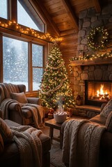 Obraz premium Vertical background of snowy window view inside a warm log cabin decorated for Christmas.