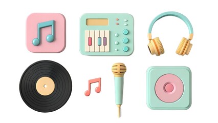 a colorful collection of musical instruments and technology icons including headphones records microphones and digital music players high-quality professional detailed