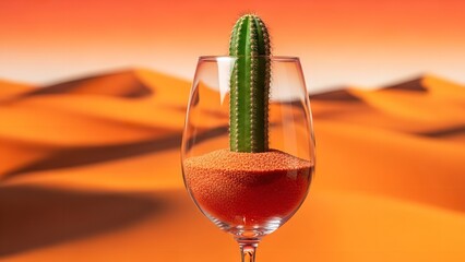 Cactus in wine glass with red liquid in surreal desert landscape with warm orange lighting for advertising