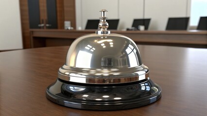 Shiny service bell on a wooden table in a modern office setting.
