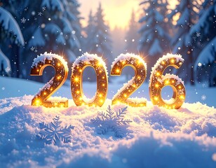 Glowing golden numerals of the year 2026 amidst a snowy landscape