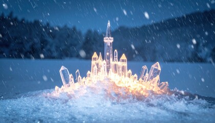 Lit crystalline palace on frozen water, with snowy forest in background
