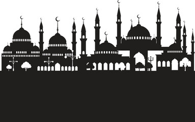 Silhouette of a mosque with multiple domes and minarets